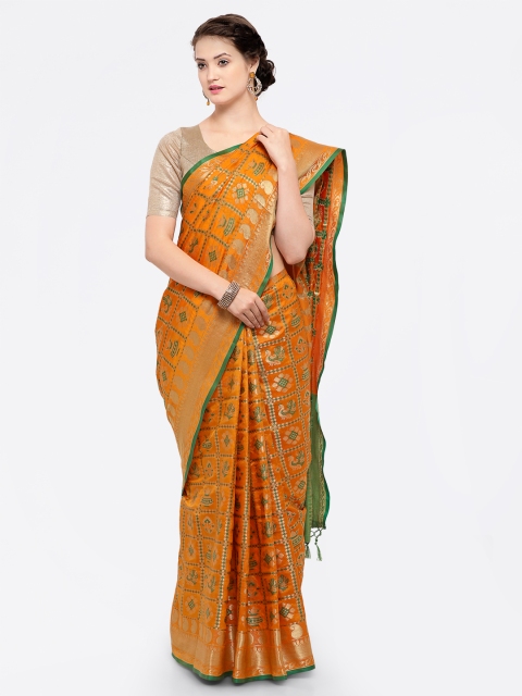 

Saree mall Orange & Green Silk Blend Embellished Kanjeevaram Saree