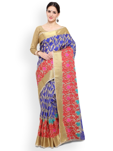 

Sugathari Blue & Red Cotton Blend Woven Design Banarasi Saree