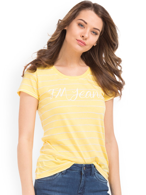 

Flying Machine Women Yellow Striped Round Neck T-shirt