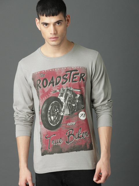 

Roadster Men Grey Printed Round Neck T-shirt