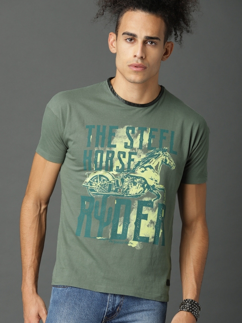 

Roadster Men Olive Green Printed T-shirt