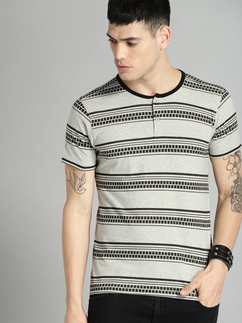 

Roadster Men Grey Melange & Black Striped Henley Neck T-shirt