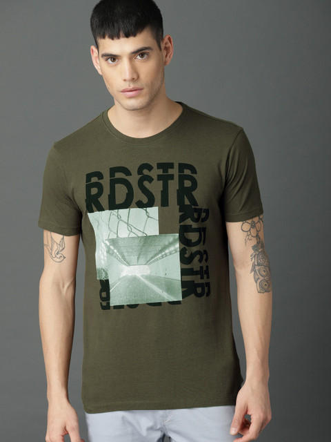 

Roadster Men Olive Green Printed Round Neck T-shirt