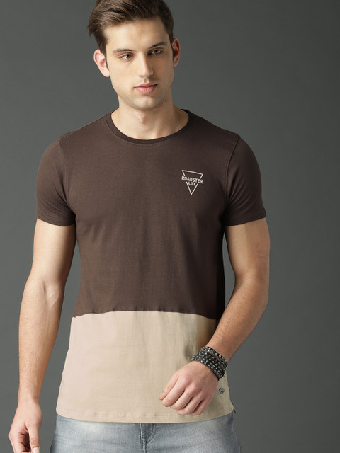 

Roadster Men Brown & Beige Colourblocked Round Neck T-shirt