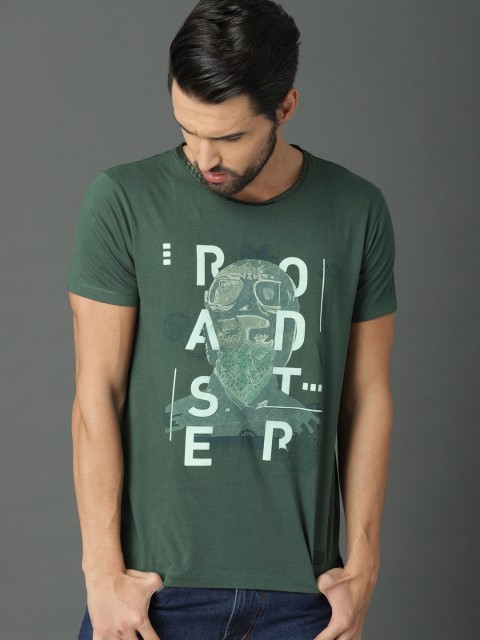 

Roadster Men Green Printed Round Neck T-shirt