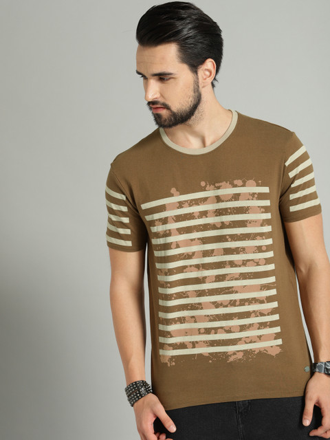 

Roadster Men Olive Green Striped T-shirt