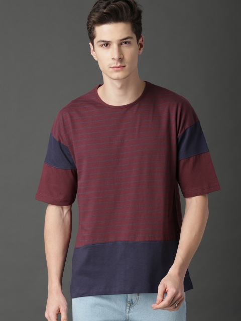 

Roadster Men Burgundy & Navy Blue Colourblock Striped Round Neck T-shirt
