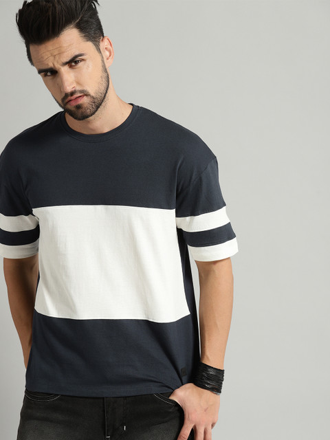 

Roadster Men Teal Blue White Colourblocked Round Neck Pure Cotton T-shirt