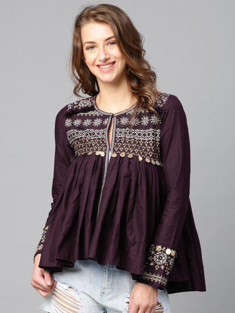 

Tokyo Talkies Women Purple Solid Pure Cotton Top