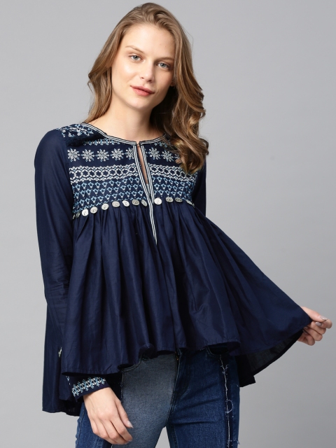 

Tokyo Talkies Women Navy Blue Solid Pure Cotton Top