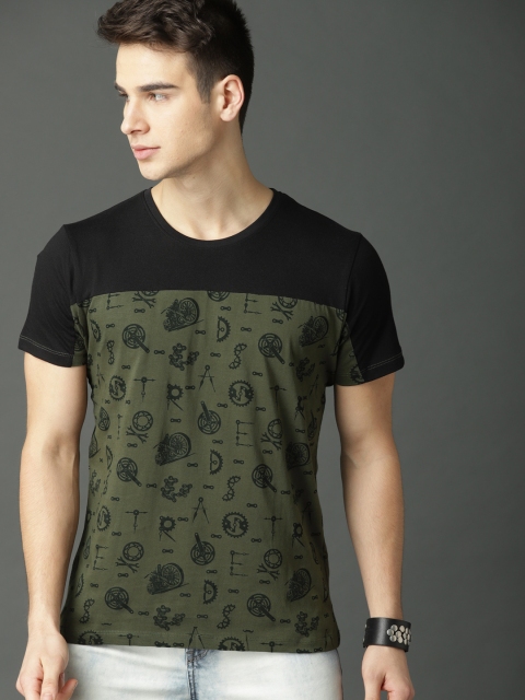 

Roadster Men Olive Green Printed Round Neck T-shirt