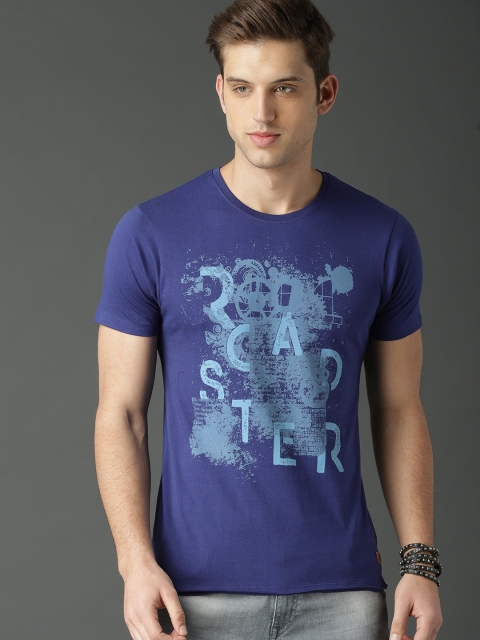 

Roadster Men Blue Printed Round Neck Pure Cotton T-shirt