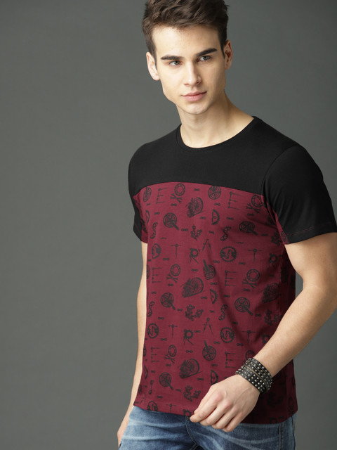 

Roadster Men Maroon Printed Round Neck T-shirt