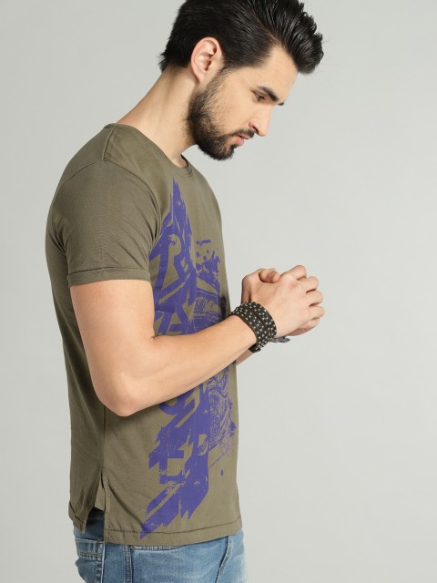 

Roadster Men Olive Green Printed Round Neck T-shirt