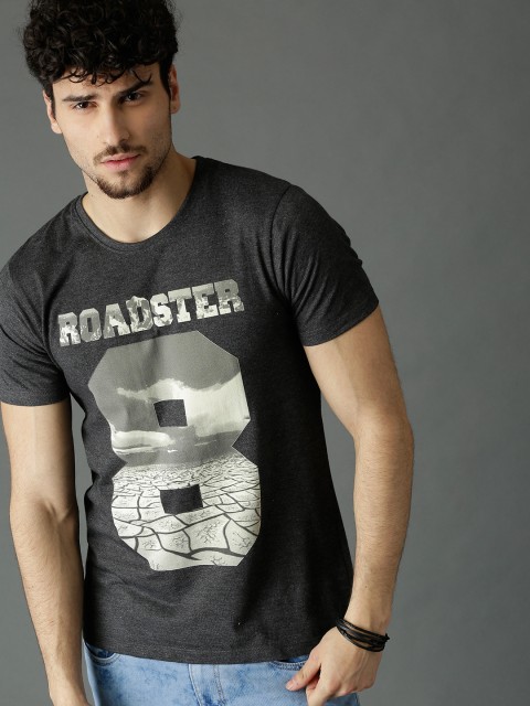 

Roadster Men Charcoal Grey Printed Round Neck T-shirt