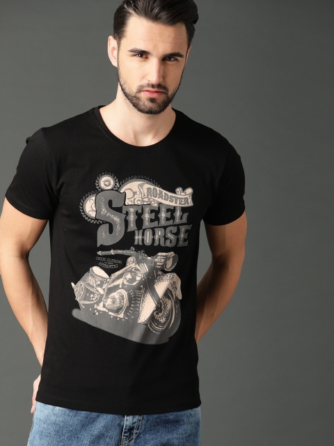 

Roadster Men Black Printed Round Neck T-shirt