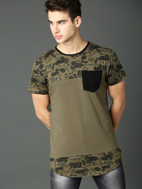 

Roadster Men Green Printed Round Neck T-shirt
