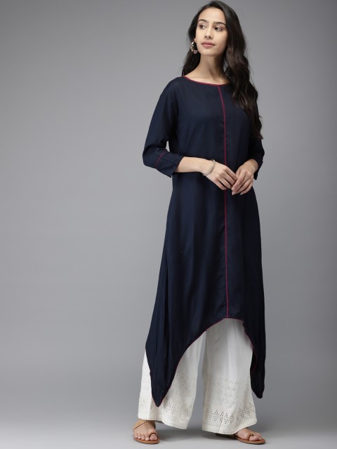 

Moda Rapido Women Navy Blue Solid Asymmetric A-Line Kurta