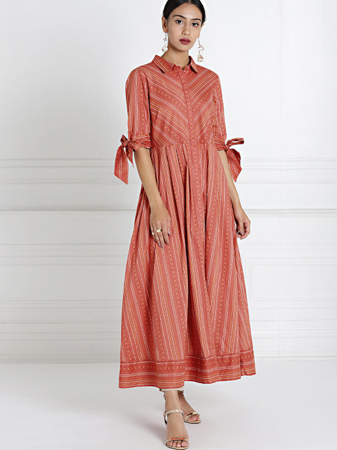

all about you Women Peach-Coloured Striped Midi Shirt Dress