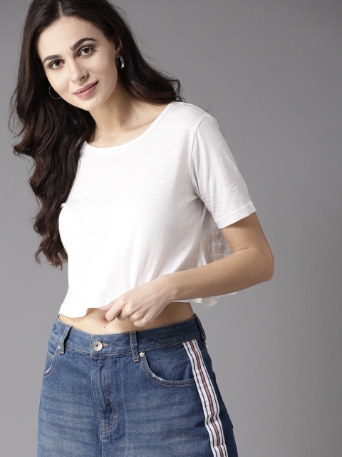 

Moda Rapido Women Off-White Solid Round Neck Crop Boxy T-shirt