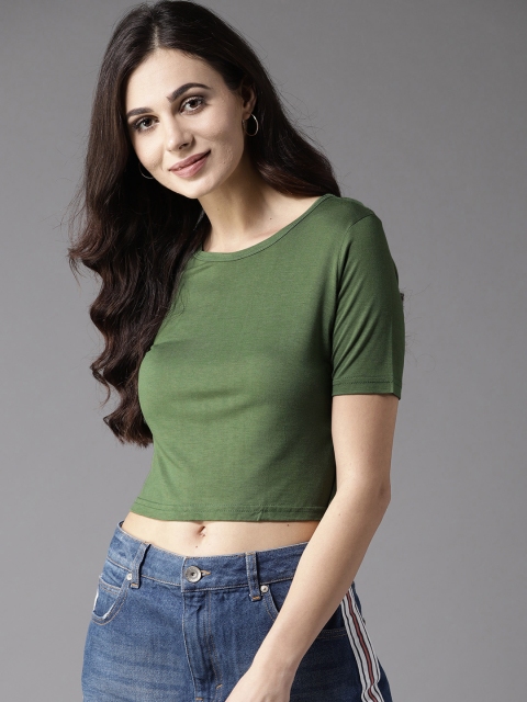 

Moda Rapido Women Green Solid Round Neck Crop T-shirt