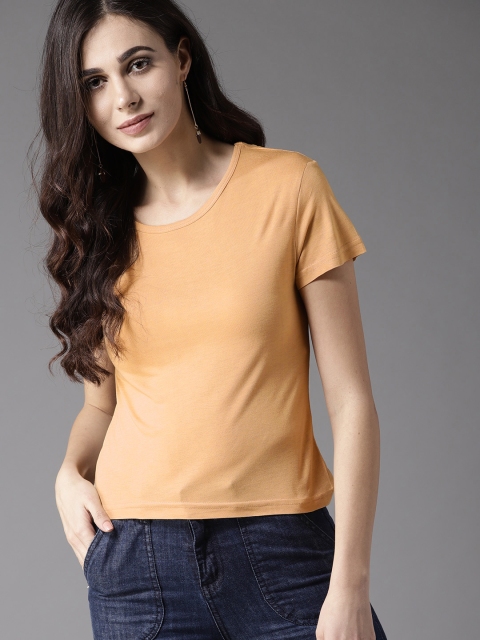 

Moda Rapido Women Mustard Yellow Solid Round Neck T-shirt