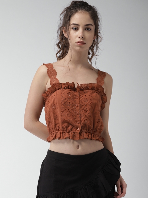 

FOREVER 21 Women Brown Self Design Blouson Crop Top