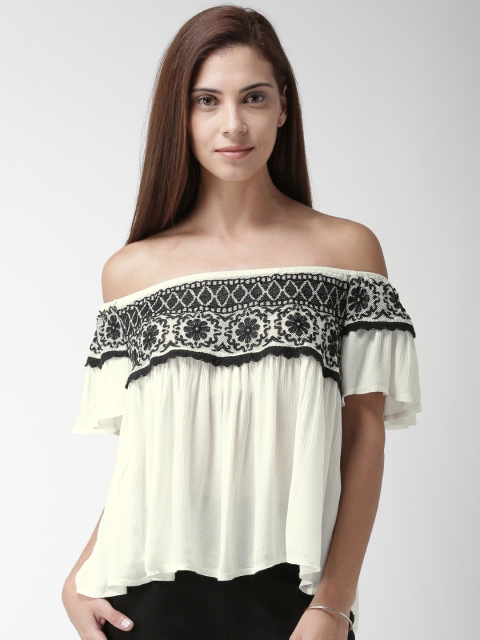 

FOREVER 21 Women Off-White & Black Self Design Bardot Top