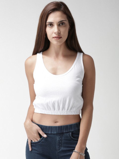 

FOREVER 21 Women White Solid Crop Blouson Top