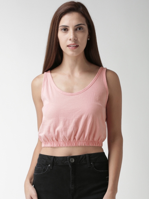 

FOREVER 21 Women Pink Solid Blouson Crop Pure Cotton Top