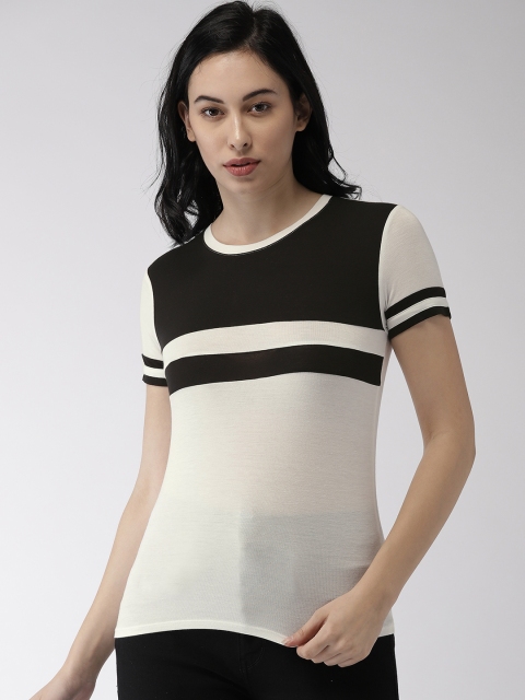 

FOREVER 21 Women White & Black Colourblocked Round Neck T-shirt