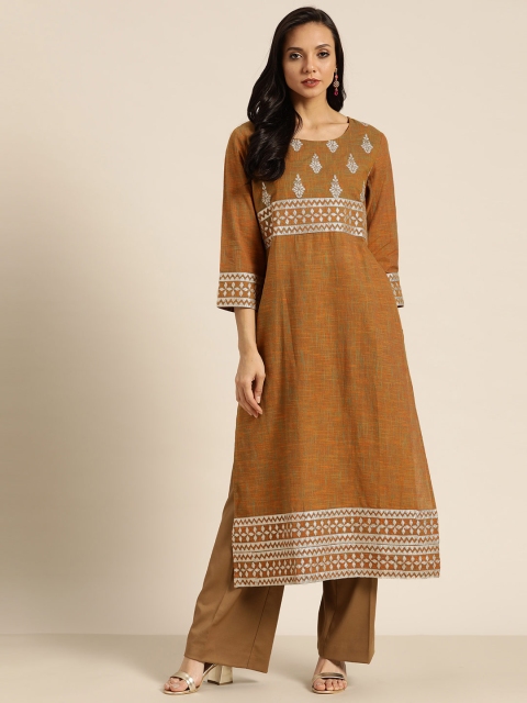 

Sangria Women Mustard Yellow Embroidered Cotton Straight Kurta