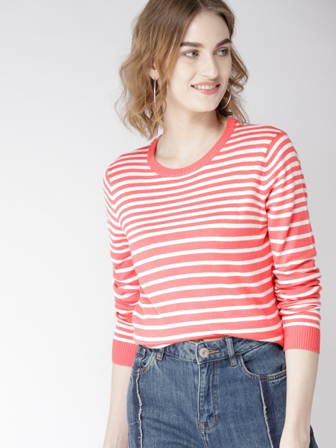 

Mast & Harbour Women Coral Red & White Striped Pullover