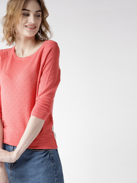 

Mast & Harbour Women Coral Orange Self Design Pullover