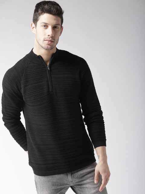 

Mast & Harbour Men Black Self-Striped Pullover
