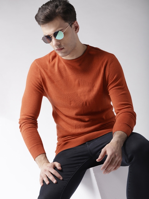

Mast & Harbour Men Rust Orange Self Design Pullover