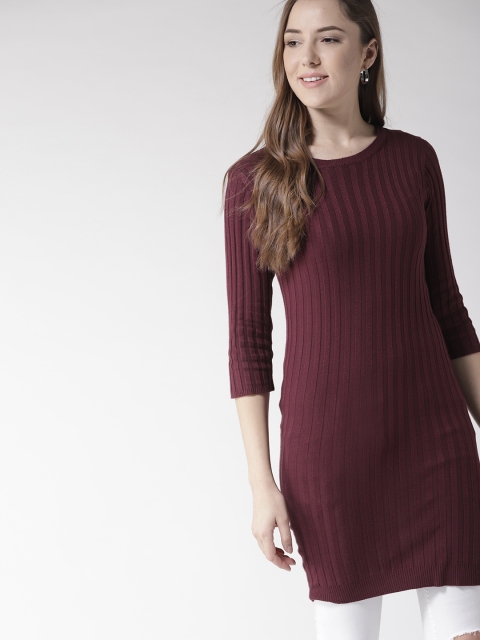 

Mast & Harbour Women Burgundy Ribbed Longline Pullover