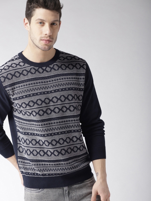 

Mast & Harbour Men Navy Blue & White Self Design Pullover