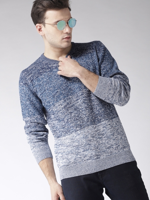 

Mast & Harbour Men Blue & White Self Design Pullover
