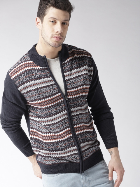 

Mast & Harbour Men Navy Blue & Grey Self Design Cardigan