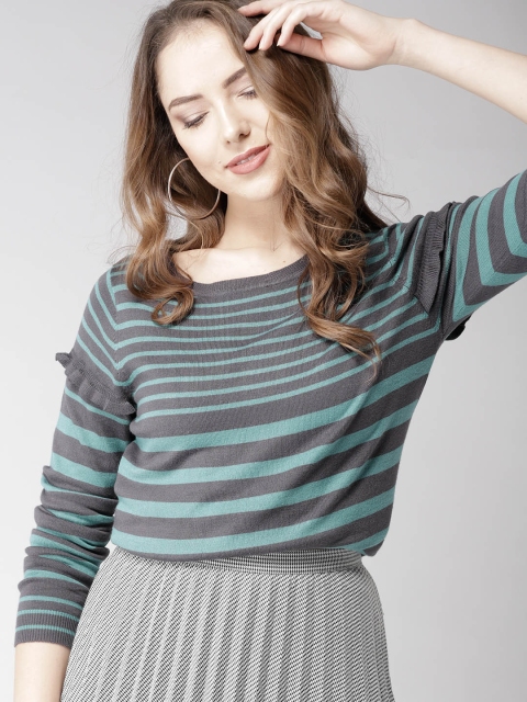 

Mast & Harbour Women Charcoal Grey & Green Striped Pullover