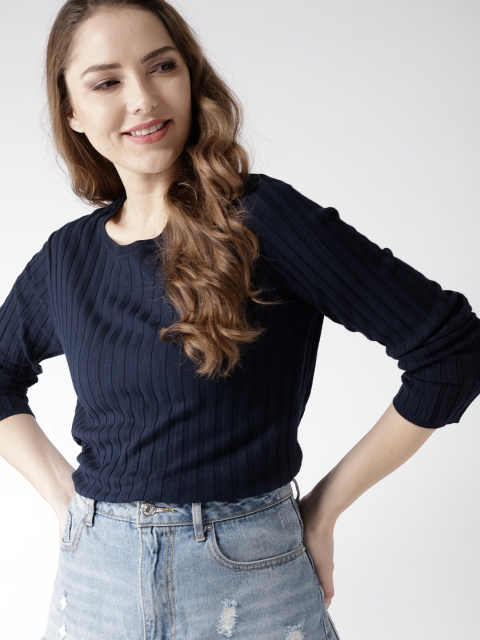 

Mast & Harbour Women Navy Blue Ribbed Pullover