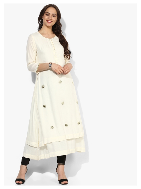 

Sangria Women Off-White Floral Mirror-Work A-Line Kurta