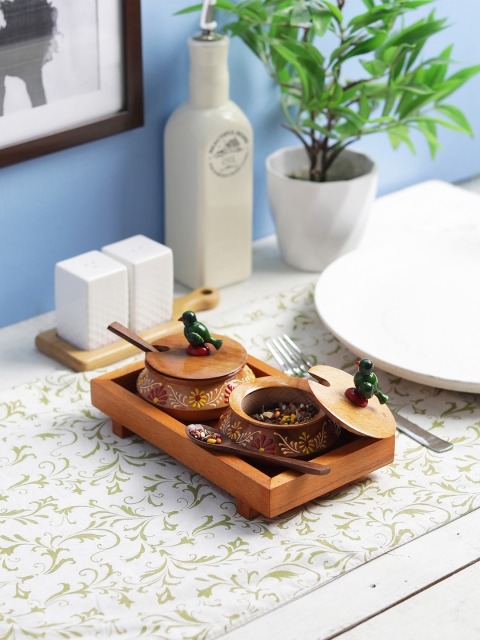 

VarEesha Set Of 2 Brown Embossed Wooden Handis with Tray