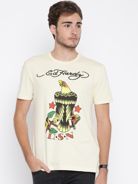 

Ed Hardy Men Beige Printed T-shirt