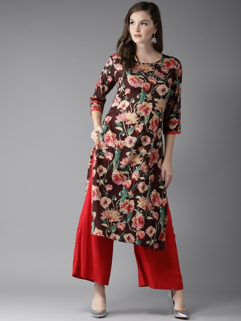 

HERE&NOW Women Brown & Beige Floral Print Straight Kurta