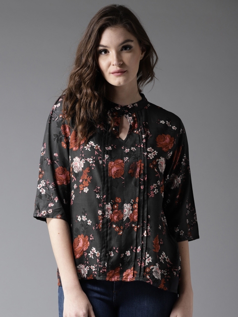 

HERE&NOW Women Charcoal Grey & Rust Brown Floral Print Top