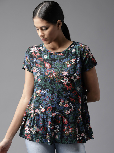 

HERE&NOW Women Black & Blue Printed A-Line Top