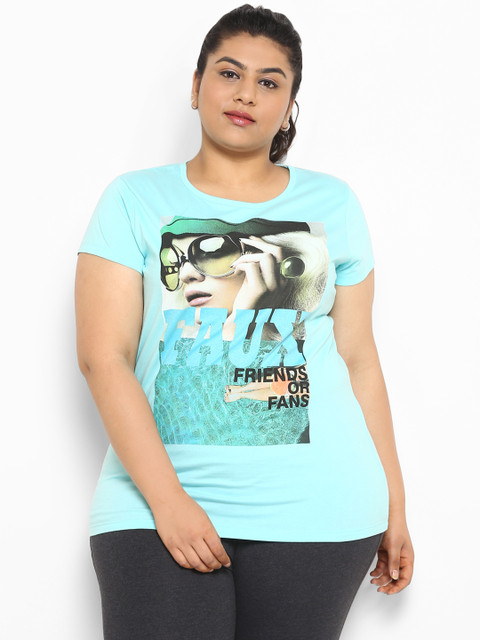 

aLL Plus Size Women Sea Green Printed Round Neck T-shirt