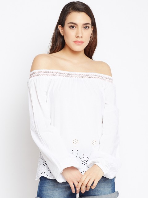 

Oxolloxo Women White Solid Bardot Pure Cotton Top
